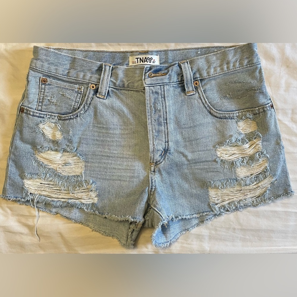 TNA Clemente High Rise Boyfriend Light Wash Ripped Denim Shorts